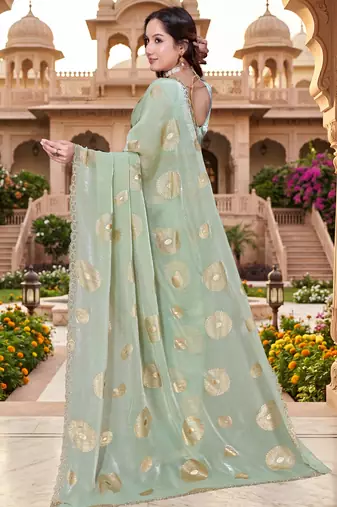 Sequin embroidered work satin foil printed green saree