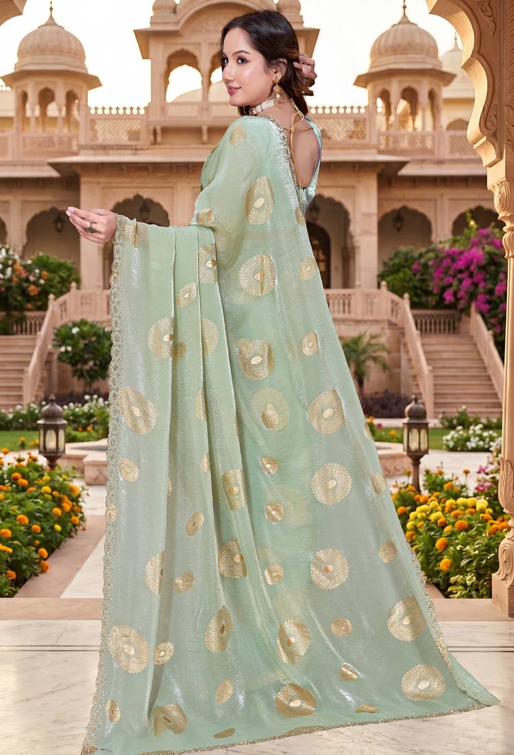 Sequin embroidered work satin foil printed green saree
