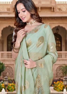 Sequin embroidered work satin foil printed green saree 4