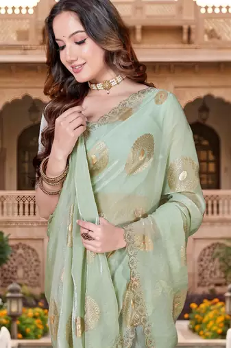 Sequin embroidered work satin foil printed green saree