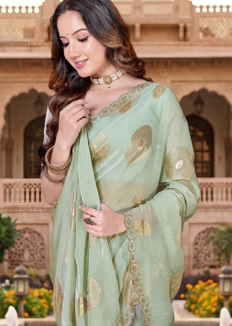 Sequin embroidered work satin foil printed green saree