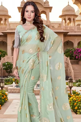 Sequin embroidered work satin foil printed green saree