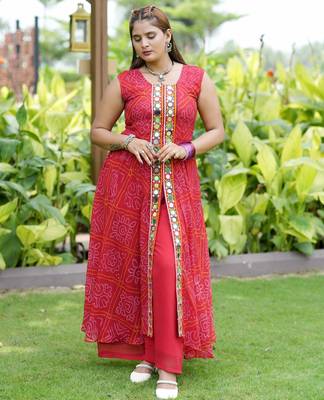 Pink Color Printed and Mirror Work Georgette Navratri Salwar Suit 1