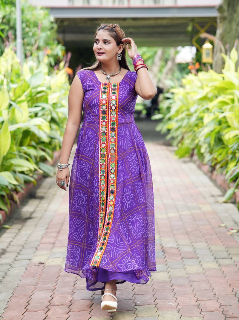purple color printed and mirror work georgette navratri salwar suit