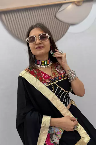 Black Position print Cotton Navratri Lahenga Choli Set