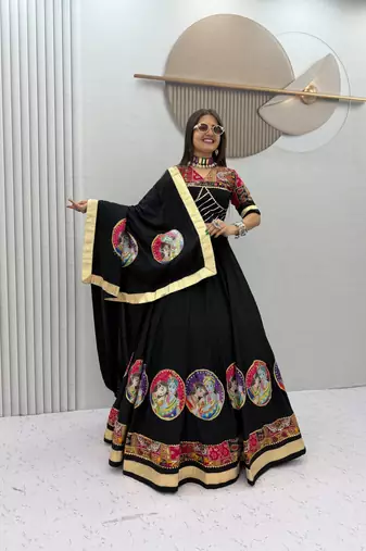 Black Position print Cotton Navratri Lahenga Choli Set
