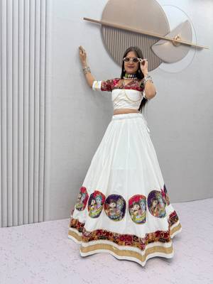 White Position print Cotton Navratri Lahenga Choli Set 1