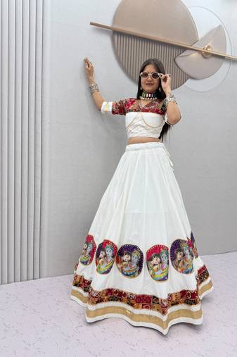 White Position print Cotton Navratri Lahenga Choli Set