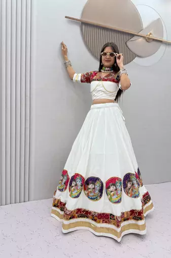 White Position print Cotton Navratri Lahenga Choli Set