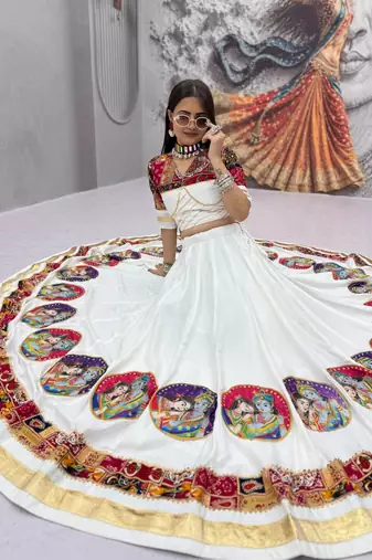 White Position print Cotton Navratri Lahenga Choli Set