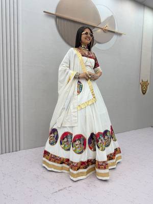 White Position print Cotton Navratri Lahenga Choli Set 3