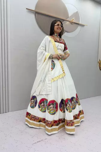 White Position print Cotton Navratri Lahenga Choli Set