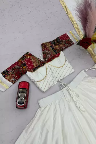 White Position print Cotton Navratri Lahenga Choli Set