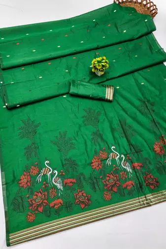 Green linen jacuard bird motif work bird saree with unstitched blouse piece