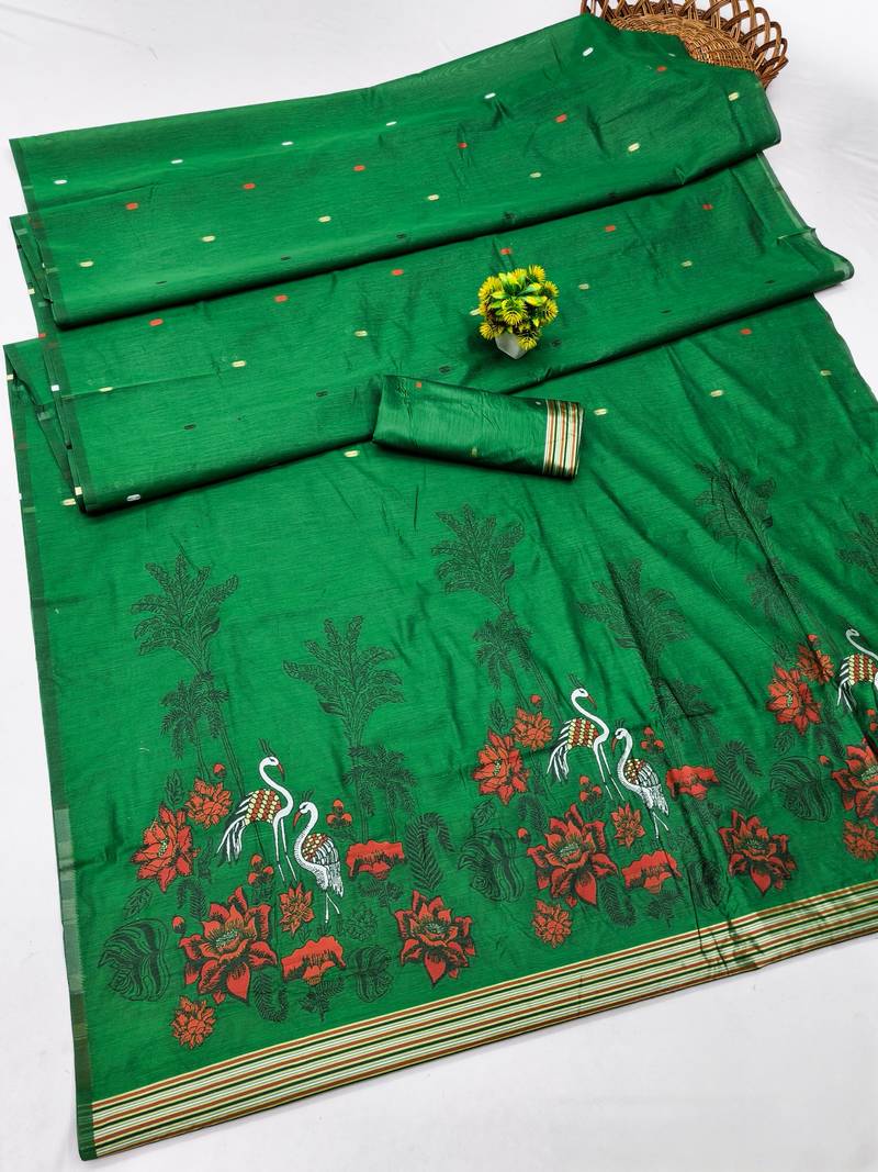 Green linen jacuard bird motif work bird saree with unstitched blouse piece