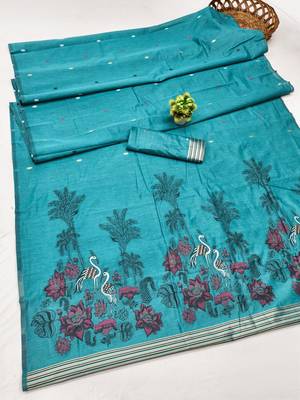 Rama linen jacuard bird motif work bird saree with unstitched blouse piece 6
