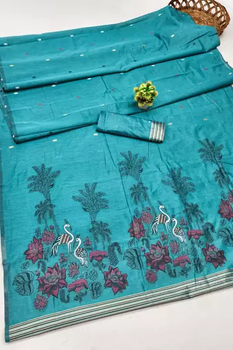 Rama linen jacuard bird motif work bird saree with unstitched blouse piece
