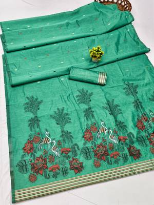 Sea green linen jacuard bird motif work bird saree with unstitched blouse piece 6