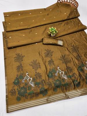 Mustard linen jacuard bird motif work bird saree with unstitched blouse piece 6