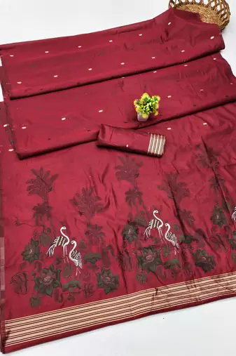 Red linen jacuard bird motif work bird saree with unstitched blouse piece