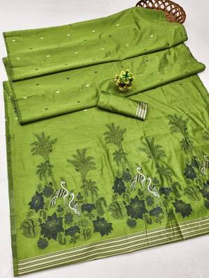 Parrot green linen jacuard bird motif work bird saree with unstitched blouse piece 6