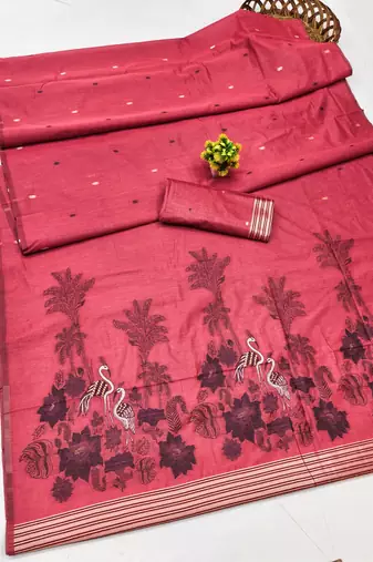 Gajri linen jacuard bird motif work bird saree with unstitched blouse piece
