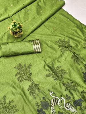 Parrot green linen jacuard bird motif work bird saree with unstitched blouse piece 7