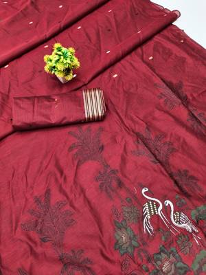 Red linen jacuard bird motif work bird saree with unstitched blouse piece 7