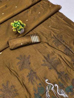 Mustard linen jacuard bird motif work bird saree with unstitched blouse piece 7