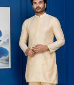 Golden silk blend kurta for men with embroidered work