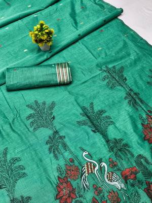 Sea green linen jacuard bird motif work bird saree with unstitched blouse piece 7