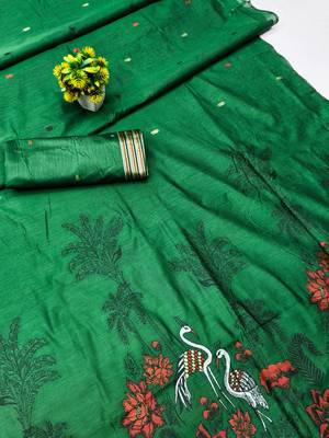 Green linen jacuard bird motif work bird saree with unstitched blouse piece 7