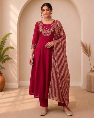 Rani Pink Color Sequins and   Hand Work Cotton Salwar Suit  1