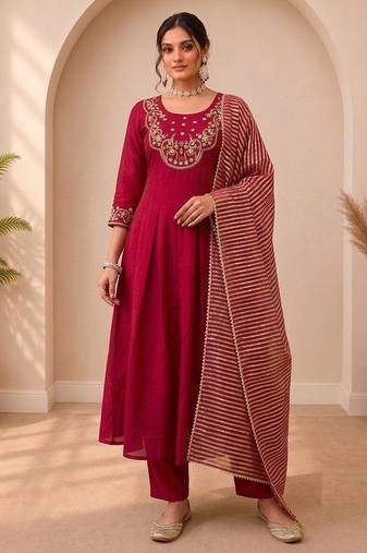 Rani Pink Color Sequins and   Hand Work Cotton Salwar Suit 