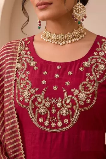 Rani Pink Color Sequins and   Hand Work Cotton Salwar Suit 
