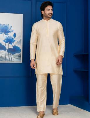 Golden silk blend kurta set for men with embroidered work 1