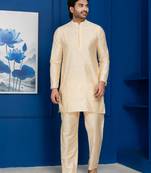 Golden silk blend kurta set for men with embroidered work