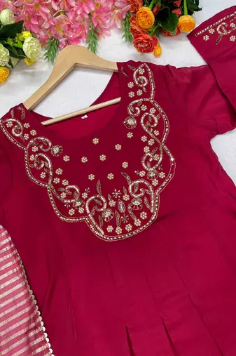 Rani Pink Color Sequins and   Hand Work Cotton Salwar Suit 