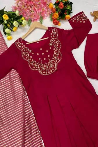 Rani Pink Color Sequins and   Hand Work Cotton Salwar Suit 