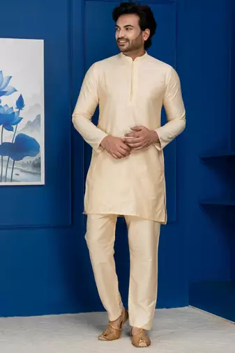 Golden silk blend kurta set for men with embroidered work