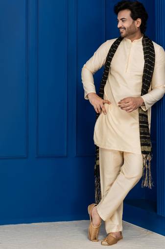 Golden silk blend kurta set for men with black dupatta embroidered work