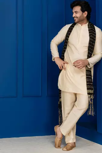 Golden silk blend kurta set for men with black dupatta embroidered work