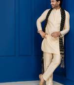 Golden silk blend kurta set for men with black dupatta embroidered work