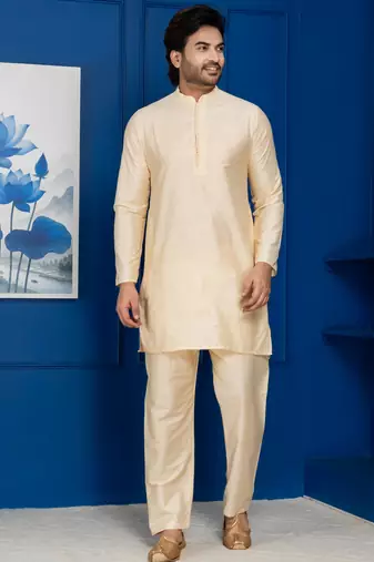 Golden silk blend kurta set for men with black dupatta embroidered work