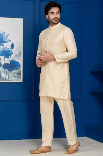 Golden silk blend kurta set for men with black dupatta embroidered work