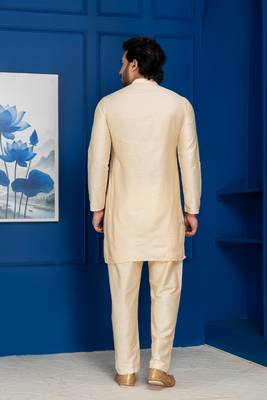 Golden silk blend kurta set for men with black dupatta embroidered work 4