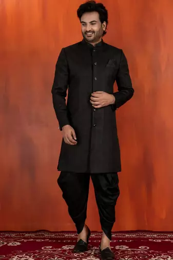 Black jacquard blend closed indo western sherwani and dhoti set for men with embroidered