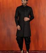 Black jacquard blend closed indo western sherwani and dhoti set for men with embroidered