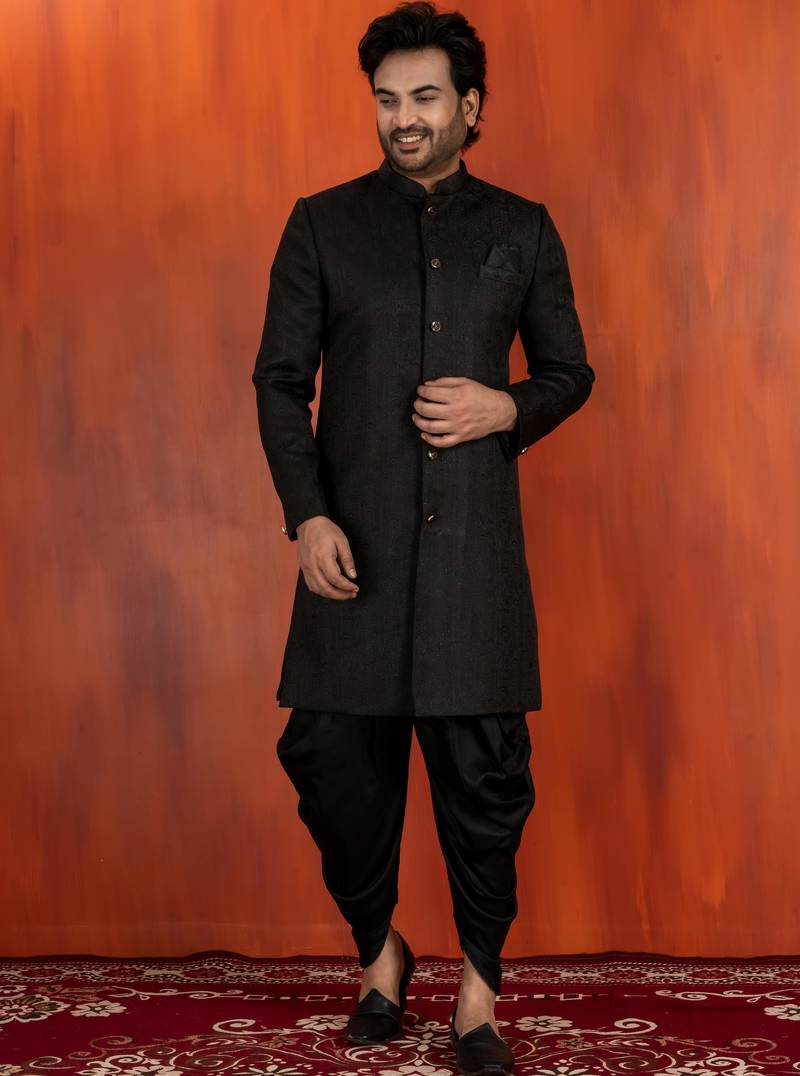 Black jacquard blend closed indo western sherwani and dhoti set for men with embroidered