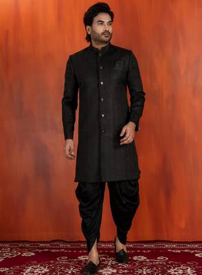 Black jacquard blend closed indo western sherwani and dhoti set for men with embroidered 2